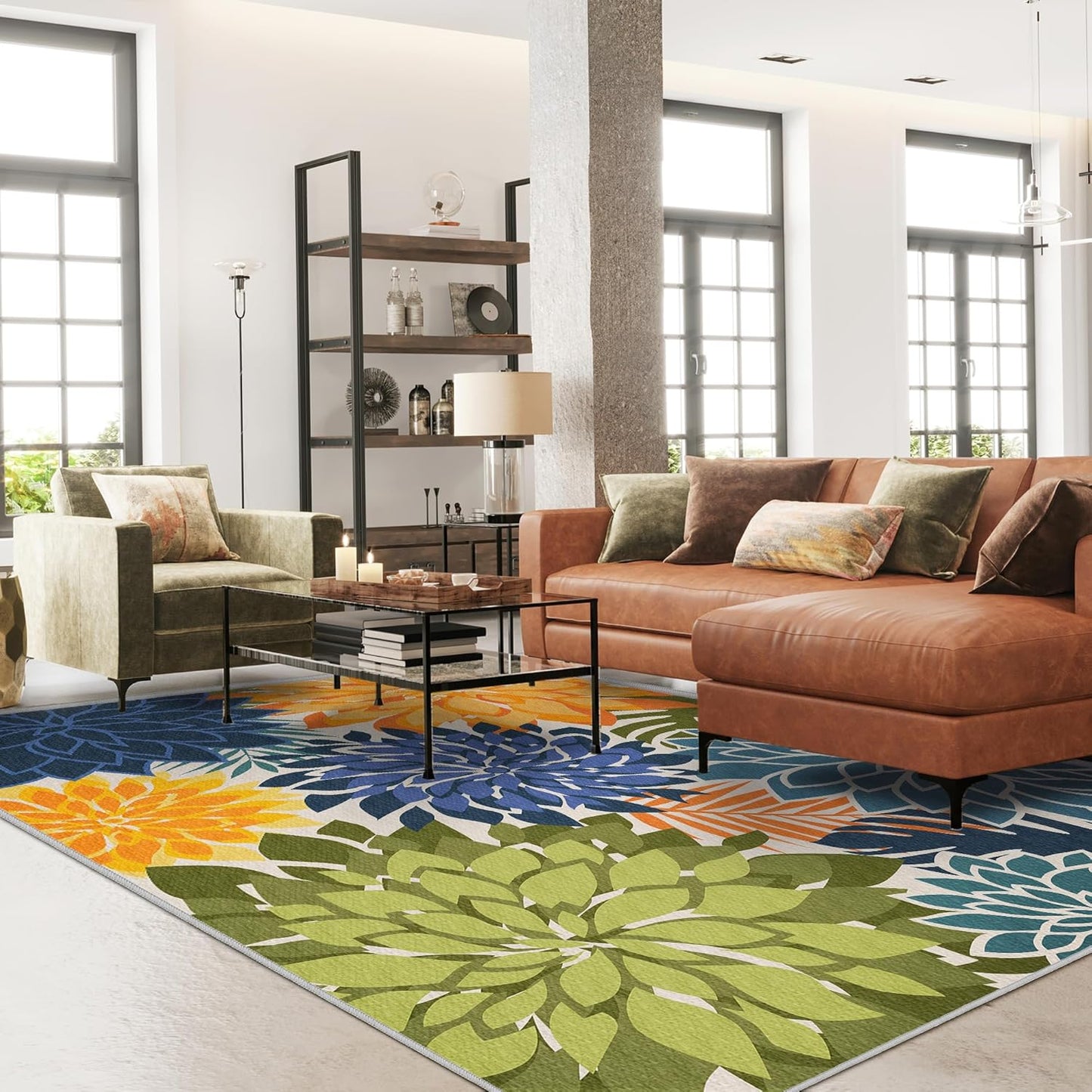 Indoor Outdoor Area Rug Washable Multicolored Patio Rug Tropical Botanical Modern Floral Indoor Outdoor Carpet Non Slip Yellow Green Rug Non Shedding for Patio, Deck, Backyard, Porch (9x12)