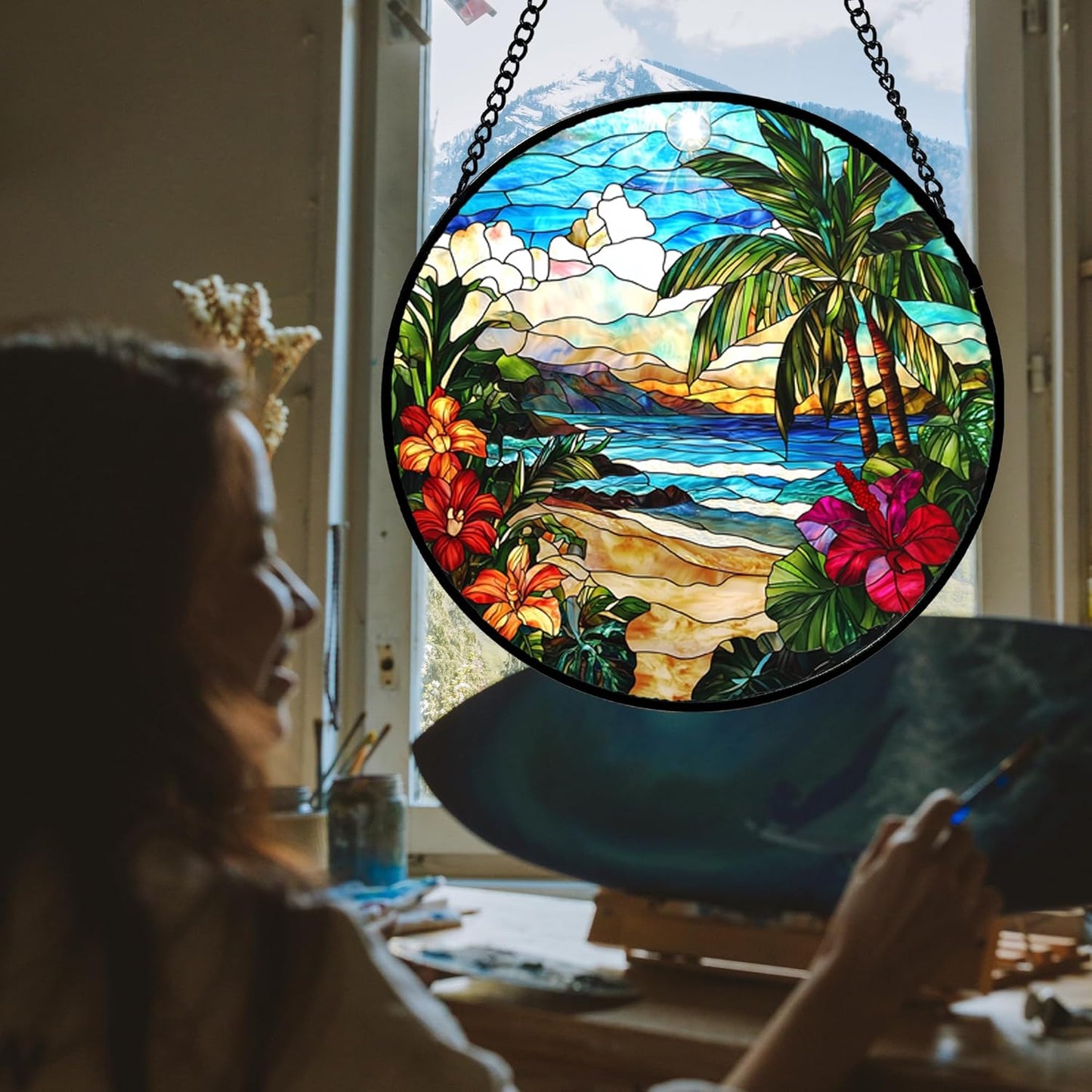 Stained Glass Window Hanging, Blue Beach Scenery Suncatcher Diamond Glass Panel Hangings Sun Catchers Decor for Birthday for Women, Men, Wife, Aunt, and Mom 14.9x14.9 in