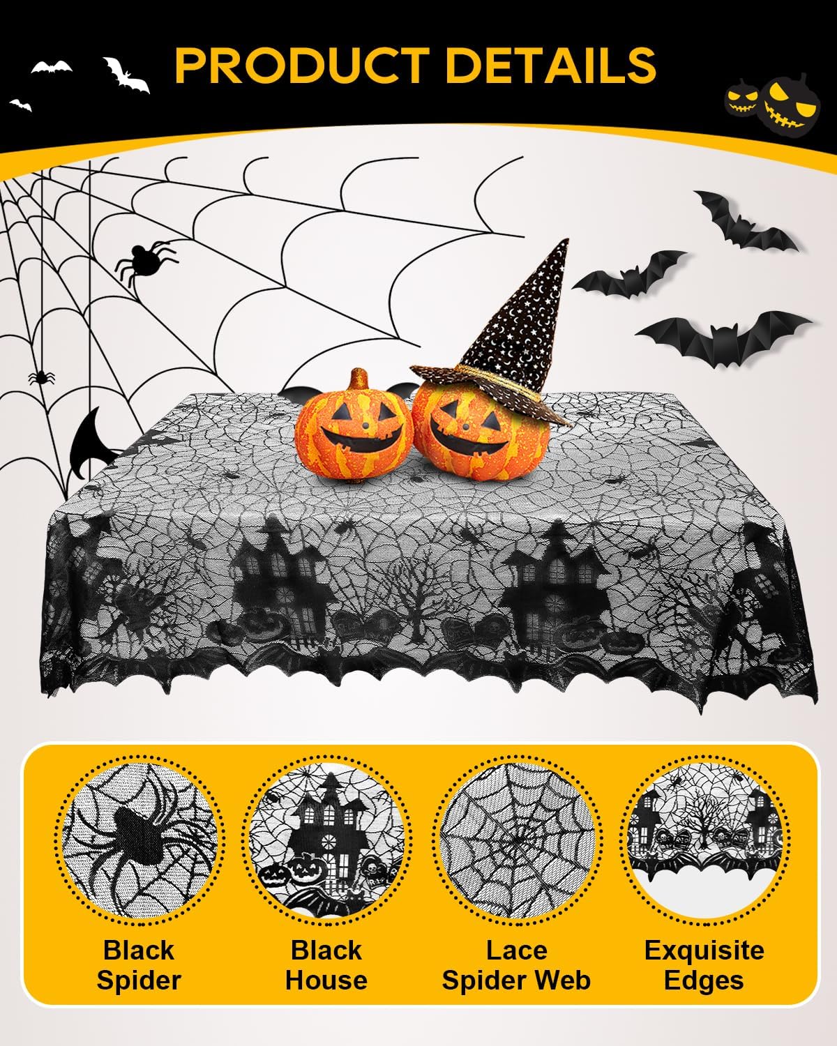 eZAKKA Halloween Table Cloth with 16 Pcs Bats Wall Decor, Spider Web Table Cloth Black Tablecloth Lace Fabric Table Cloths for Rectangle for Parties Gothic Spooky Home Decorations, 53x68 Inch