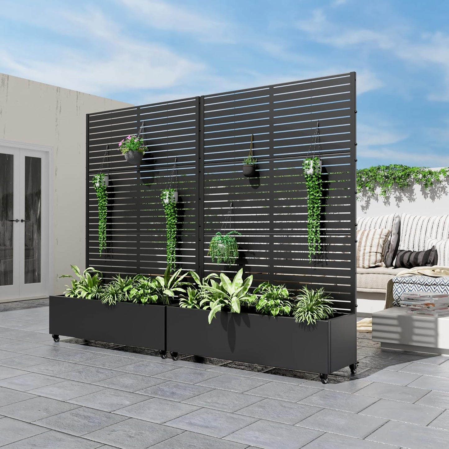 Casaphoria Metal Raised Garden Bed with Trellis and Wheels, 72"x47"x16" Planter Box for Climbing Plants, Vegetables & Vines, Features Drainage Holes and Privacy Screen (Black-Louvered)