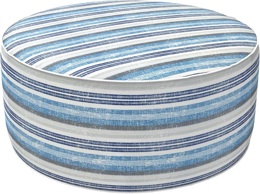 LVTXIII Outdoor Inflatable Ottoman, Fade-Resistant Round Footrest Stool D31”x H14”, Portable Patio Pouf for Garden Camping or Home Use, Stripe Layered Blue