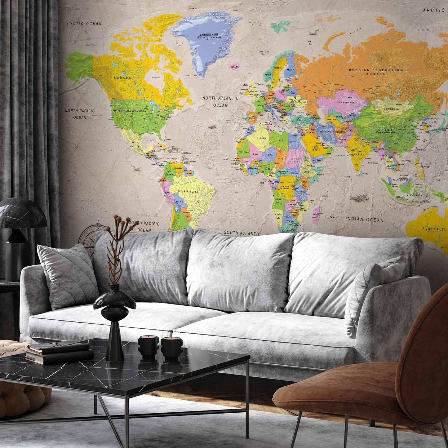 artgeist Wall Mural World Map 173x124 in - Peel and Stick Self-Adhesive Wallpaper Removable Large Sticker Foil Wall Decor Print Picture Image Design Map of The World k-A-0129-a-a