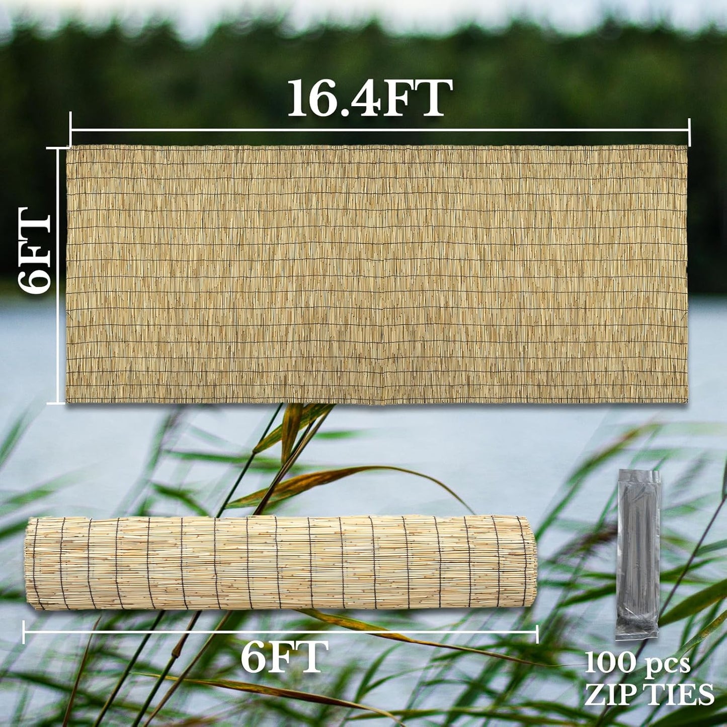 Natural 6FT X 16.4FT Reed Fencing Roll, Balcony Privacy Shade Reed Bamboo Fencing Garden Fence Border, Wind Block Sunshade Fence Screen for Outdoor Yard Patio Flower Bed Edge
