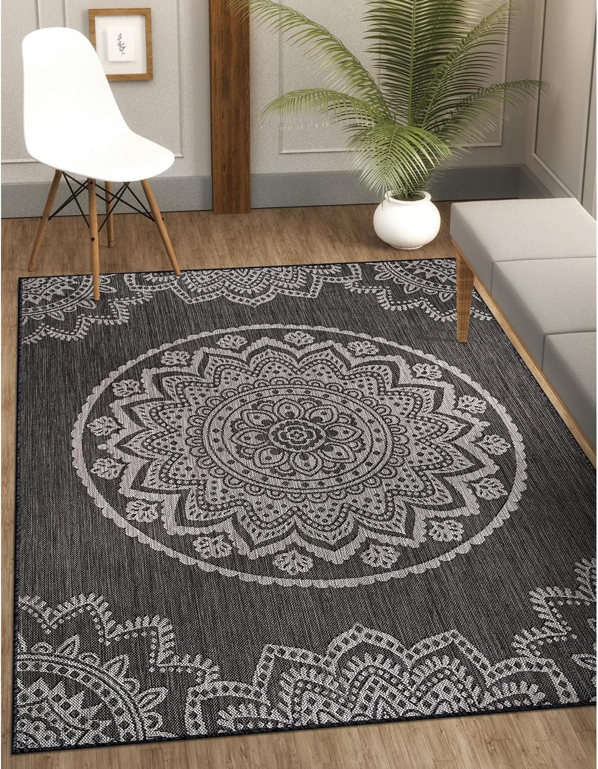 CAMILSON Outdoor Rug 8x10 Modern Area Rugs for Indoor and Outdoor Patios and Porches - Waterproof, Non-Shedding, Easy-to-Clean Outside Carpet (8 x 10, Medallion - Dark Grey/Light Grey)
