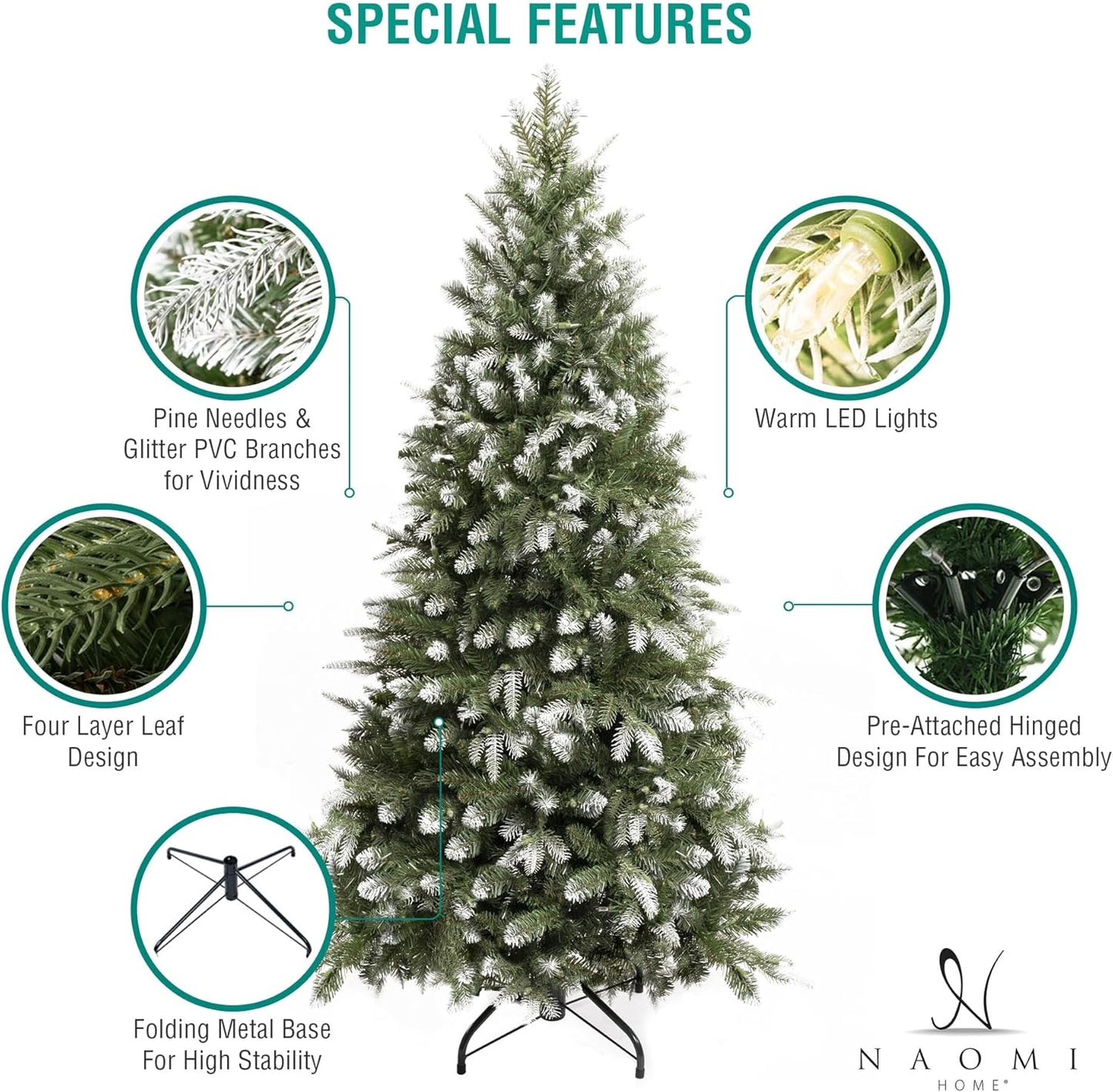 Naomi Home 6.5ft White Tip Christmas Tree with Lights, Realistic Light Snow Flocked Fir Prelit with 1292 Branch Tips, 350 Warm Lights and Metal Stand, Aritificial Tree