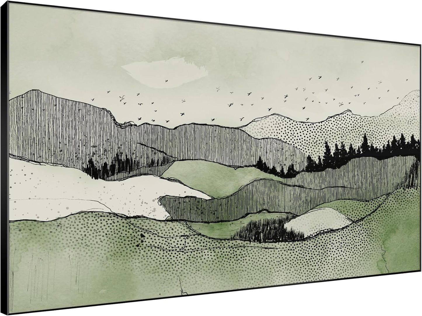 SIGNWIN 46"x72" Extra Large Framed Wall Art Green Line Art Mountain Landscape Illustration for Home Living Room Bedroom Decor (Frame Assembly Required)