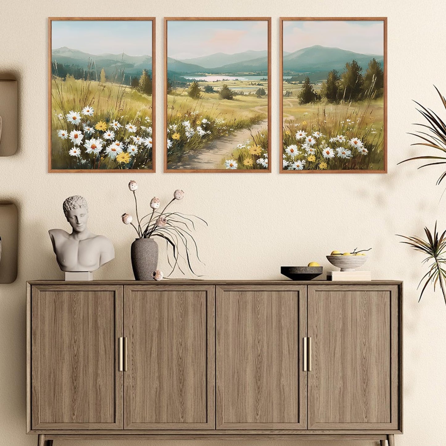 KAIRNE Field Canvas Wall Art,Vintage Landscape Wall Decor,Wildflower Prints Set of 3(16”X24”),Nature Botanical Floral Posters,Rustic Paintings for Kitchen Living Room Bedroom Farmhouse Decor,Framed