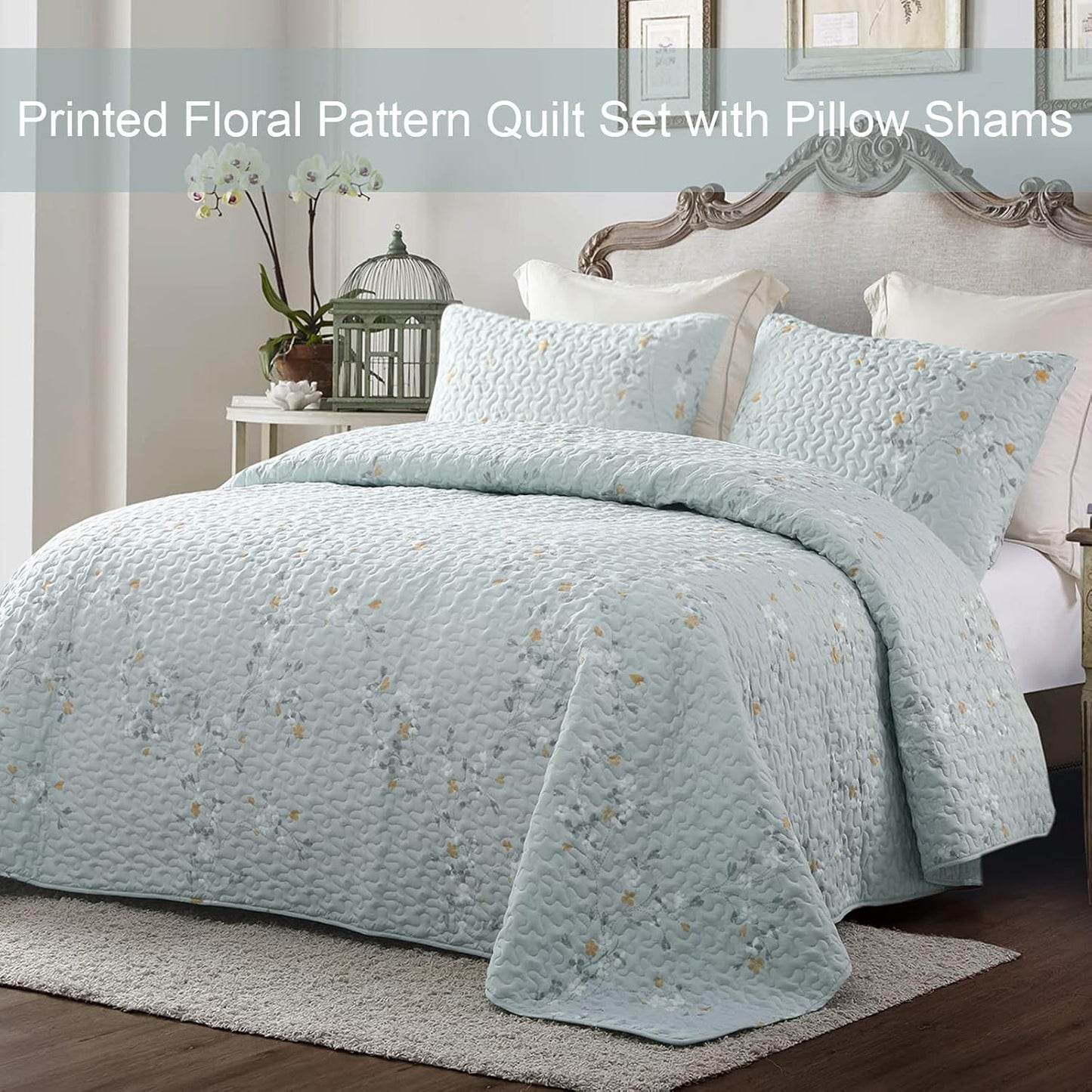 Exclusivo Mezcla Reversible Boho Quilt Set King Size, 3 Pieces Flowers Aqua All Season Bedspreads, Ultra Soft Floral Coverlet Bedding Set with Printed Pattern (1 Quilt, 2 Pillow Shams)