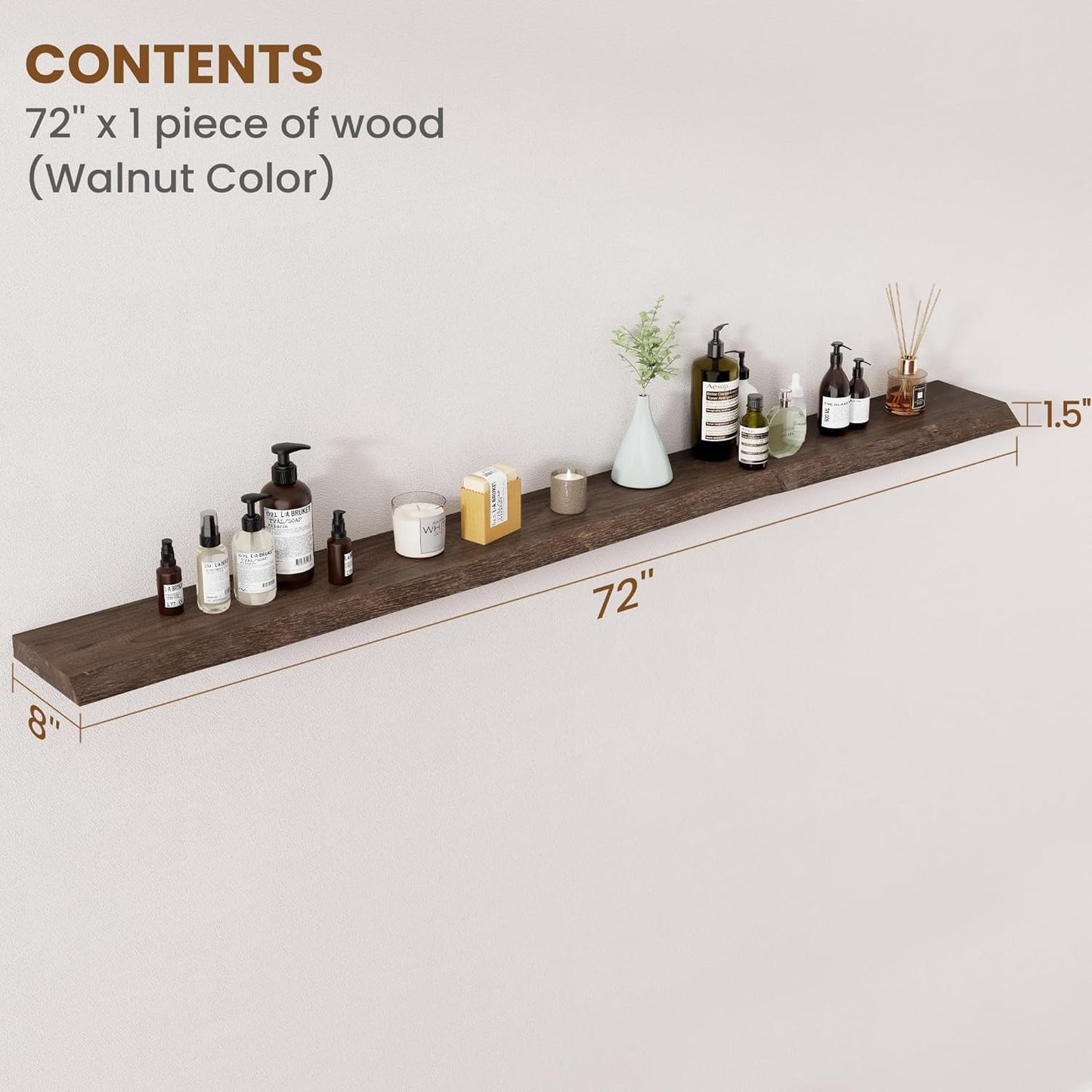 Floating Shelves for Wall Decor, Rustic Solid Elm Wood Floating Shelves Wall Mounted, Wall Shelves with Invisible Bracket for Living Room Bathroom Bedroom Kitchen, 72 Inch, Walnut