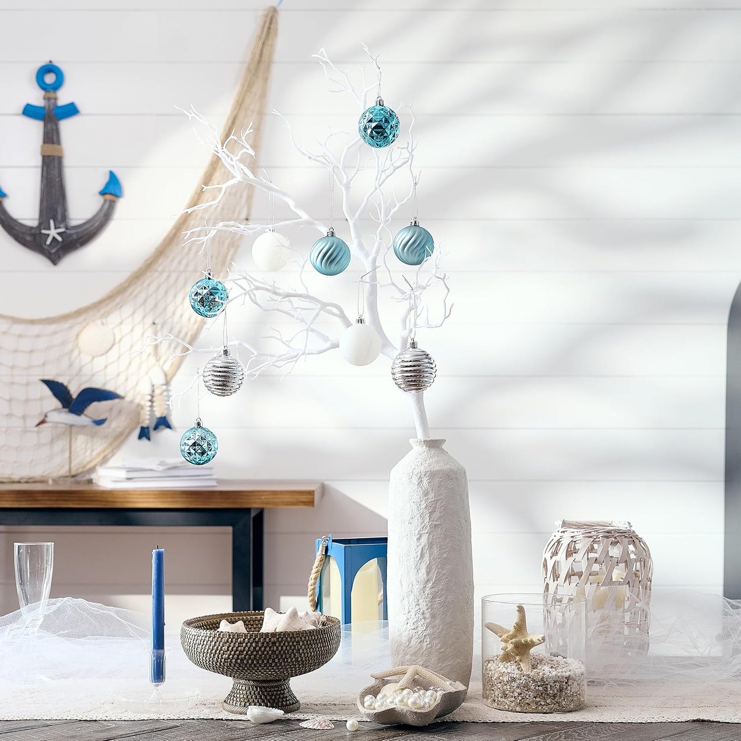 Valery Madelyn Christmas Ornaments Tree Decorations Set for Fall Halloween, 24ct Light Blue Silver Shatterproof Ball Ornaments, 2.36" Hanging Ornament Bulk for Xmas Holiday Party Decor