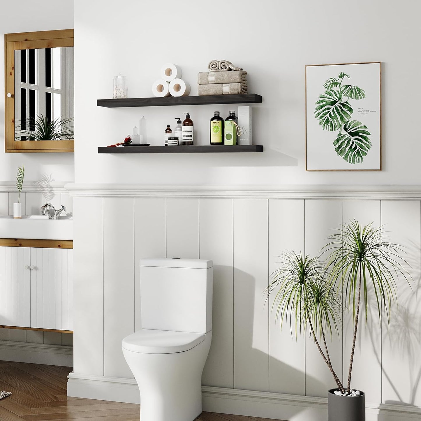 BGMG Wood Floating Shelves 36 inch Long,Wide Rustic Wooden Wall Shelves for Bathroom Living Room Bedroom Kitchen Farmhouse Set of 2-36x6.7x1.25 inch-Black