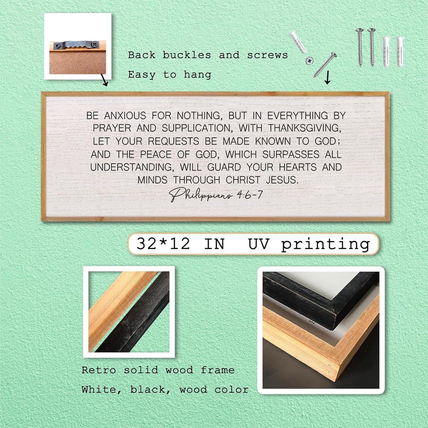 LuZhiQiang Be Anxious for Nothing Wall Decor 32"×12" Philippians 4:6-7 Bible Verse Sign Large Christian Scripture Wood Framed Hanging Decor (Wood)