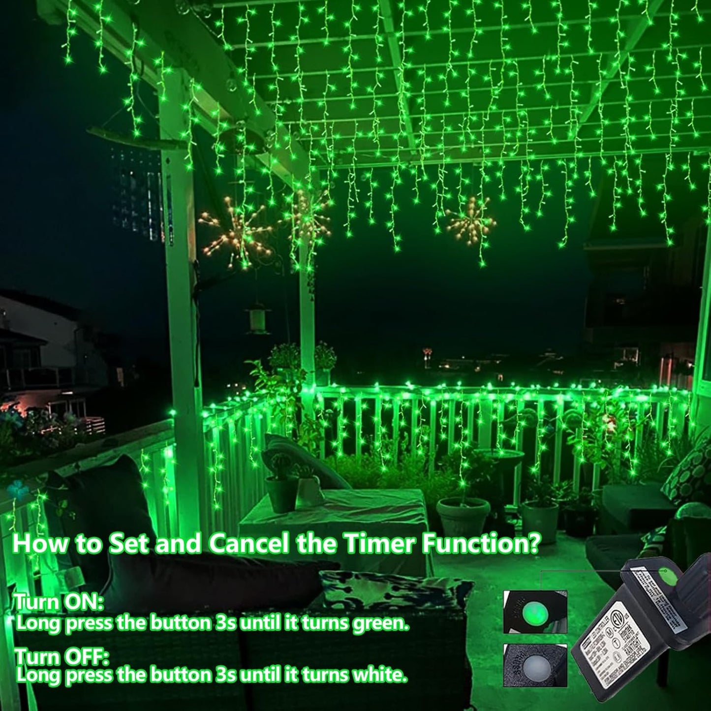 QITONG Green Icicle Lights for Outside, 33ft 400 LED Halloween Light Plug in with 8 Modes, Clear Wire Connectable Christmas Lights Indoor with 80 Drops