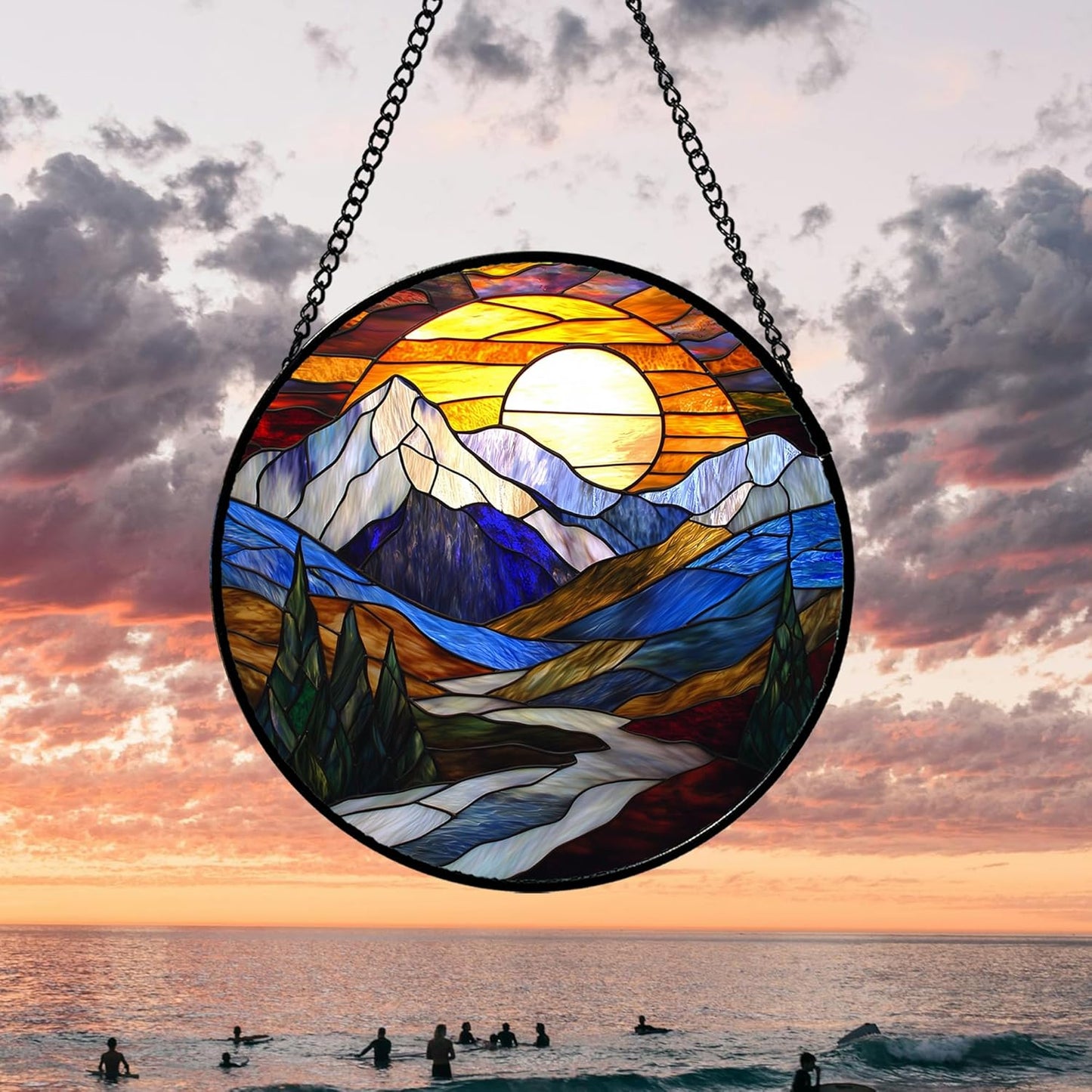 Stained Glass Window Hanging, Yellow Blue Sunset Mountains Scenery Sun Catcher for Window Home Decor Landscape Suncatcher Mother's Day Birthday Gifts for Women Men Mom and Nana 6.3 in