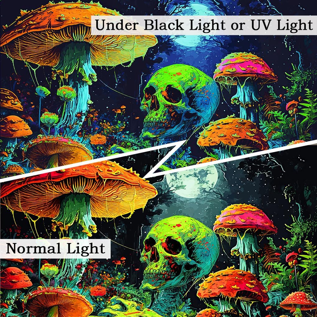 Xiaoput Blacklight Skull Wall Art, UV Reactive Neon Gothic Tapestry for Men, Glow in Dark Trippy Forest Wall Hanging for Home Decor, 90x70IN