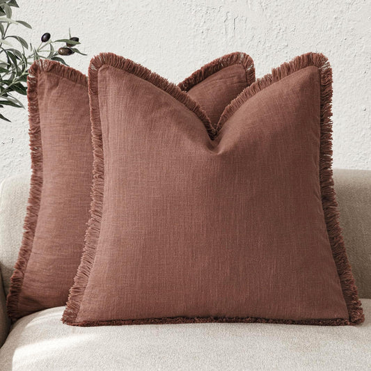 Foindtower Set of 2 Decorative Linen Fringe Throw Pillow Covers Boho Farmhouse Cushion Cover with Tassels Soft Accent Pillowcase for Couch Chair Sofa Bed Living Room Home Decor,20×20 Inch,Rust Red