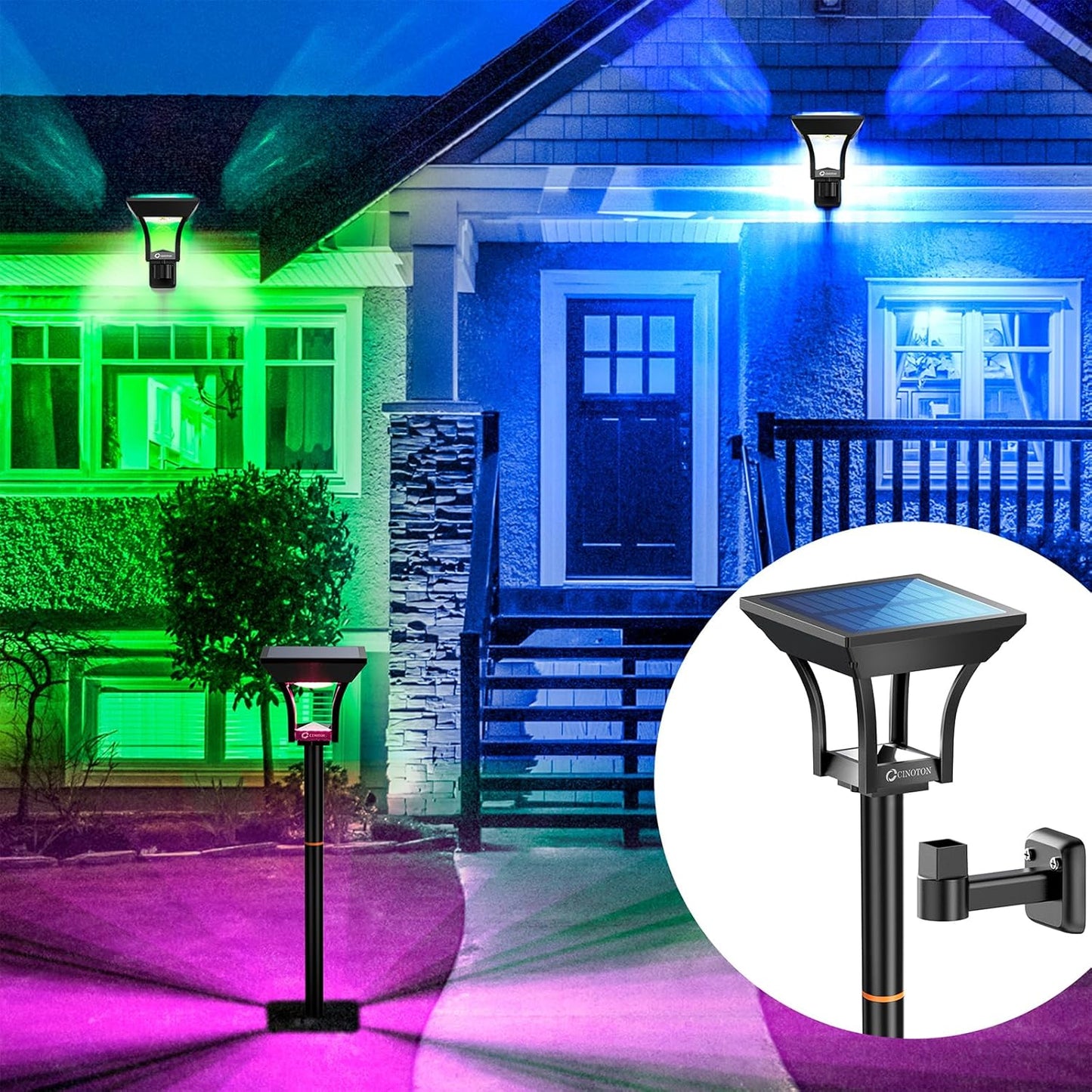 CINOTON RGBW Solar Landscape Pathway Outdoor Lights with 3 Lighting Modes, IP65 Waterproof LED Solar Powered Wall Lights for Garden Yard Lawn Path Driveway Pool Backyard Warm White & Multicolor 4 Pack