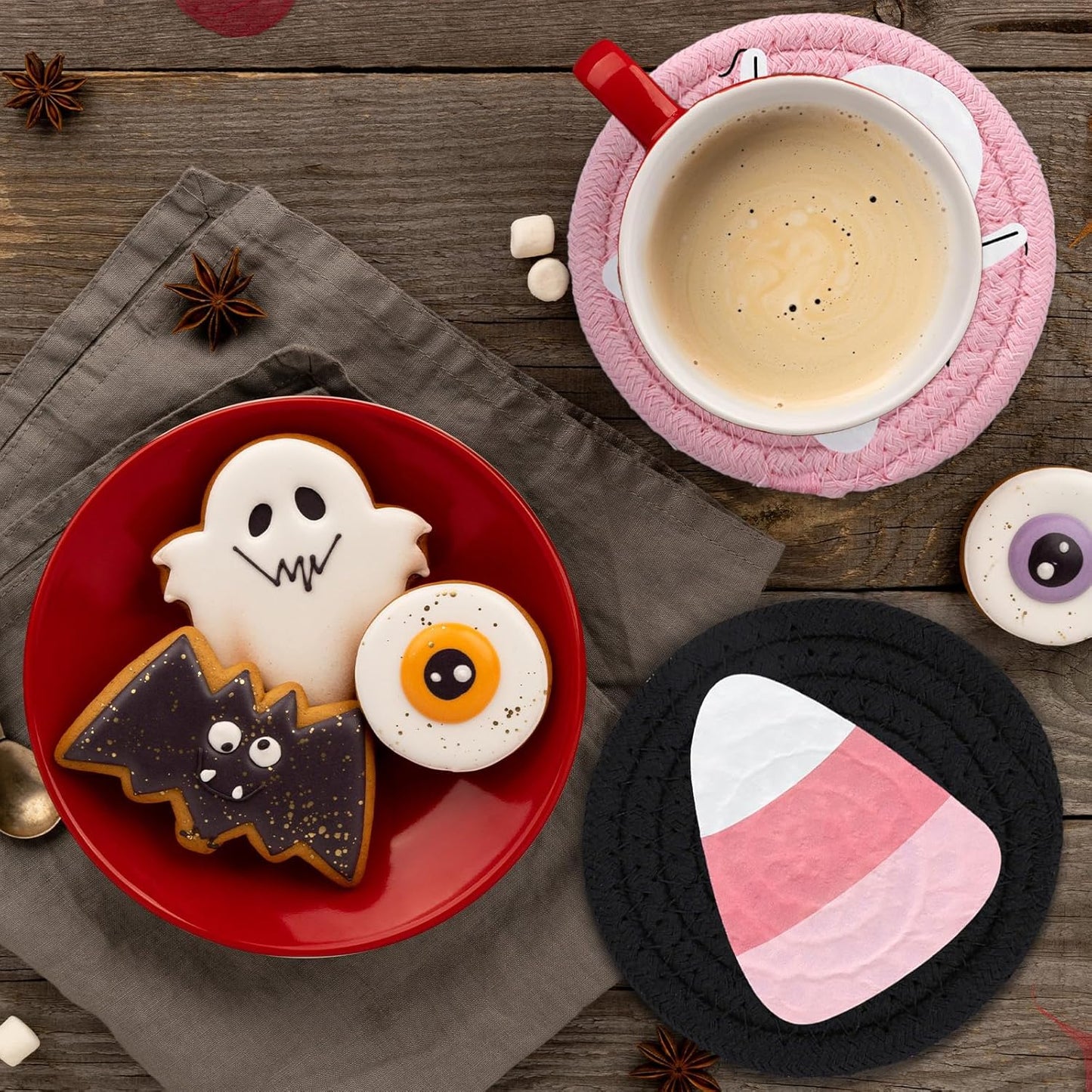 Whaline Halloween Handmade Braided Cotton Coasters Pink Cute Ghost Boo Black Cat Drink Coasters Absorbent Cup Coasters for Halloween Party Home Office Decor, Set of 4