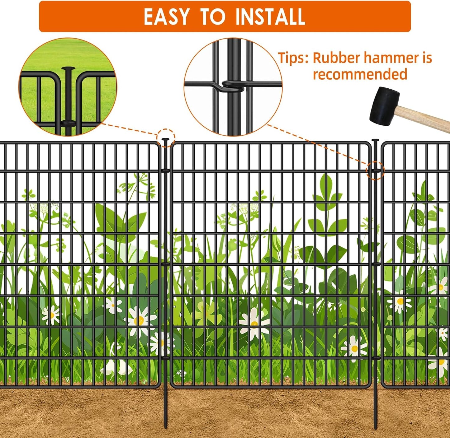 10 Panels No Dig Fence with Gate, 32 in(H) X 24 ft(L) Garden Decorative Fence Animal Barrier for Dogs, Rustproof Metal Garden Edging Border for Outdoor, Yard, Patio, Black