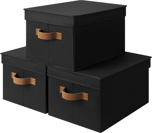 StorageWorks Large Storage Bins with Lids, Decorative Storage Boxes with Lid and PU Handles, Foldable Storage Baskets for Closet, Shelves, Stackable, Black, 3-Pack