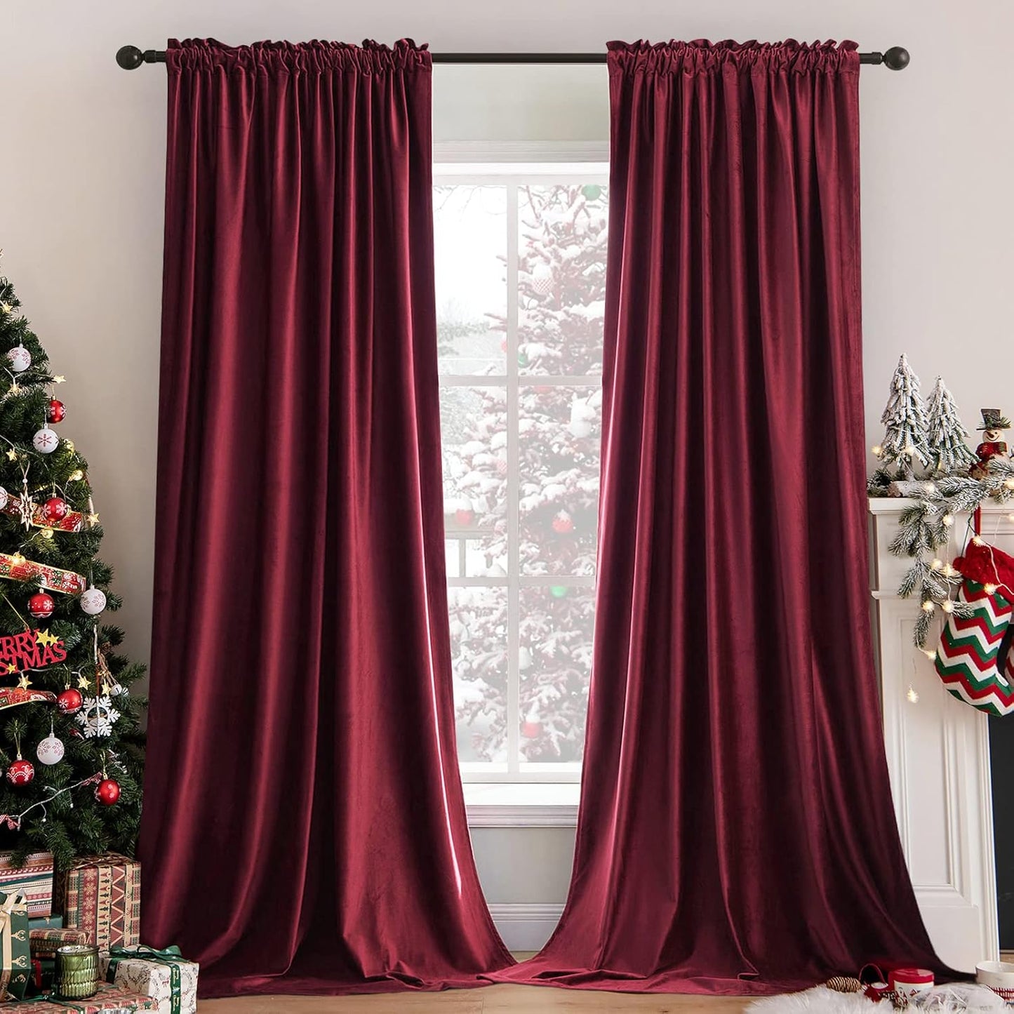 MIULEE Burgundy Velvet Curtains Thermal Insulated Blackout Curtain Christmas Drapes for Bedroom Living Room Darkening 72 Inches Long Curtains Panels Rod Pocket Set of 2