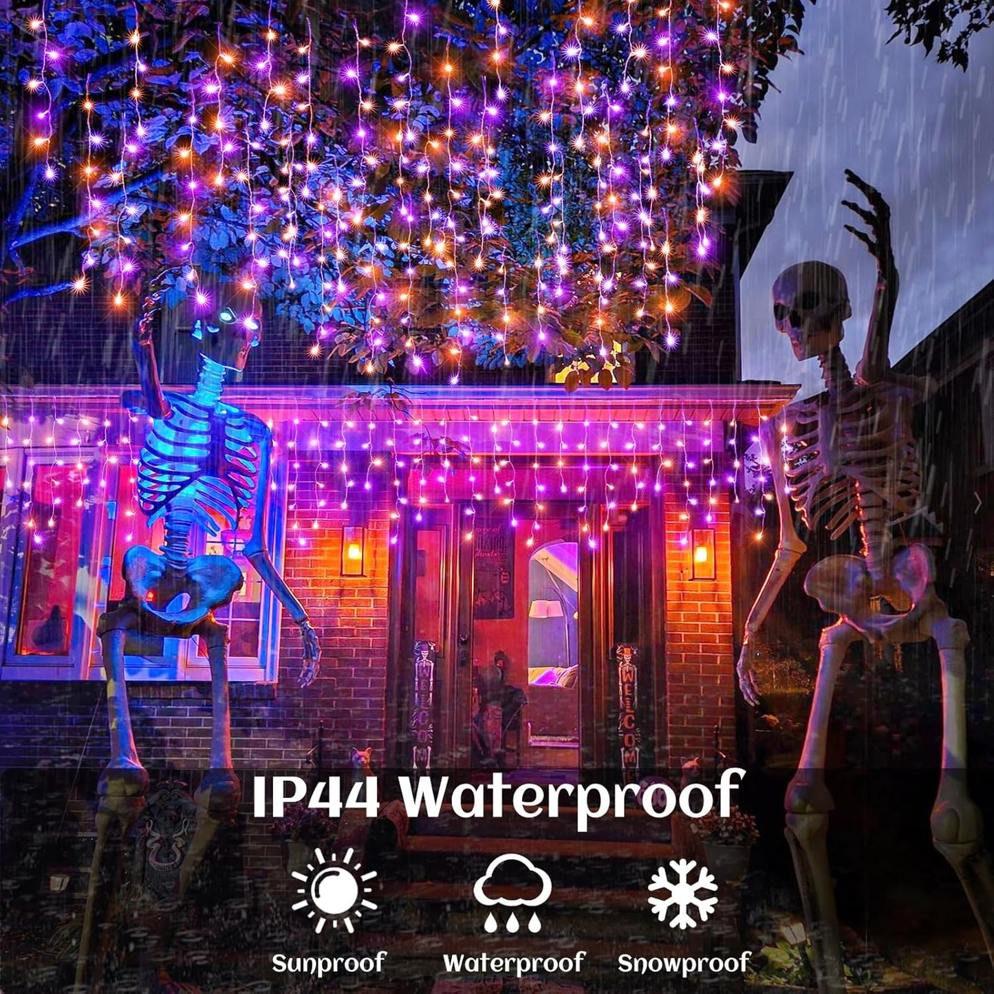 Orange and Purple Halloween Lights Outdoor Indoor, 33ft Icicle Lights for Outside 400 LED Twinkle Christmas Light with 75 Drops Clear Wire Short Curtain Light for House Party Tree Holiday Yard Decor