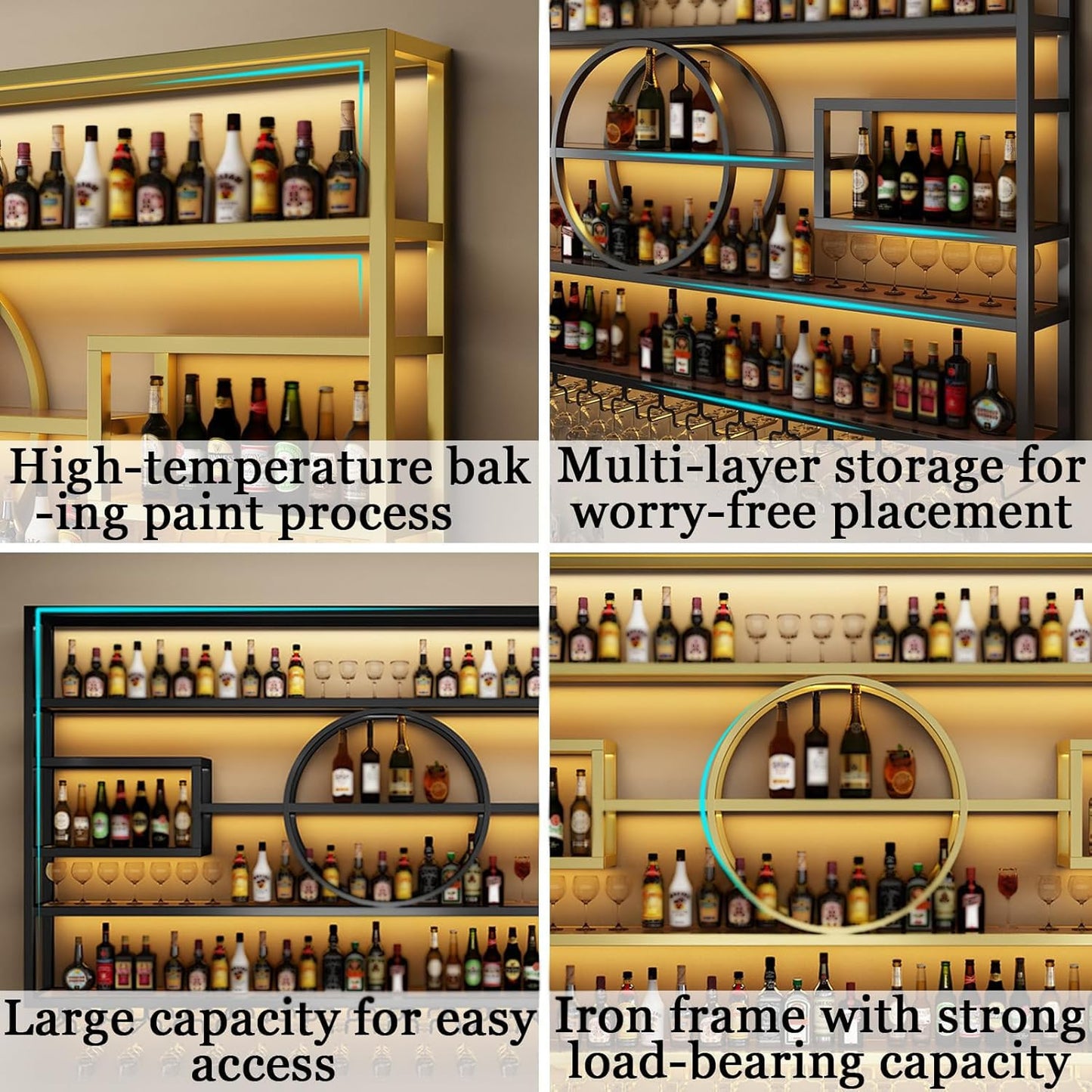 47.2in Wall Mounted Wine Rack, Modern Metal Wine Bottle and Glass Holder, Iron Display Stand Decorative Wine Rack, for Bar Living Room Dining Room Background (Gold, 47.2 * 8 * 51INCHES)