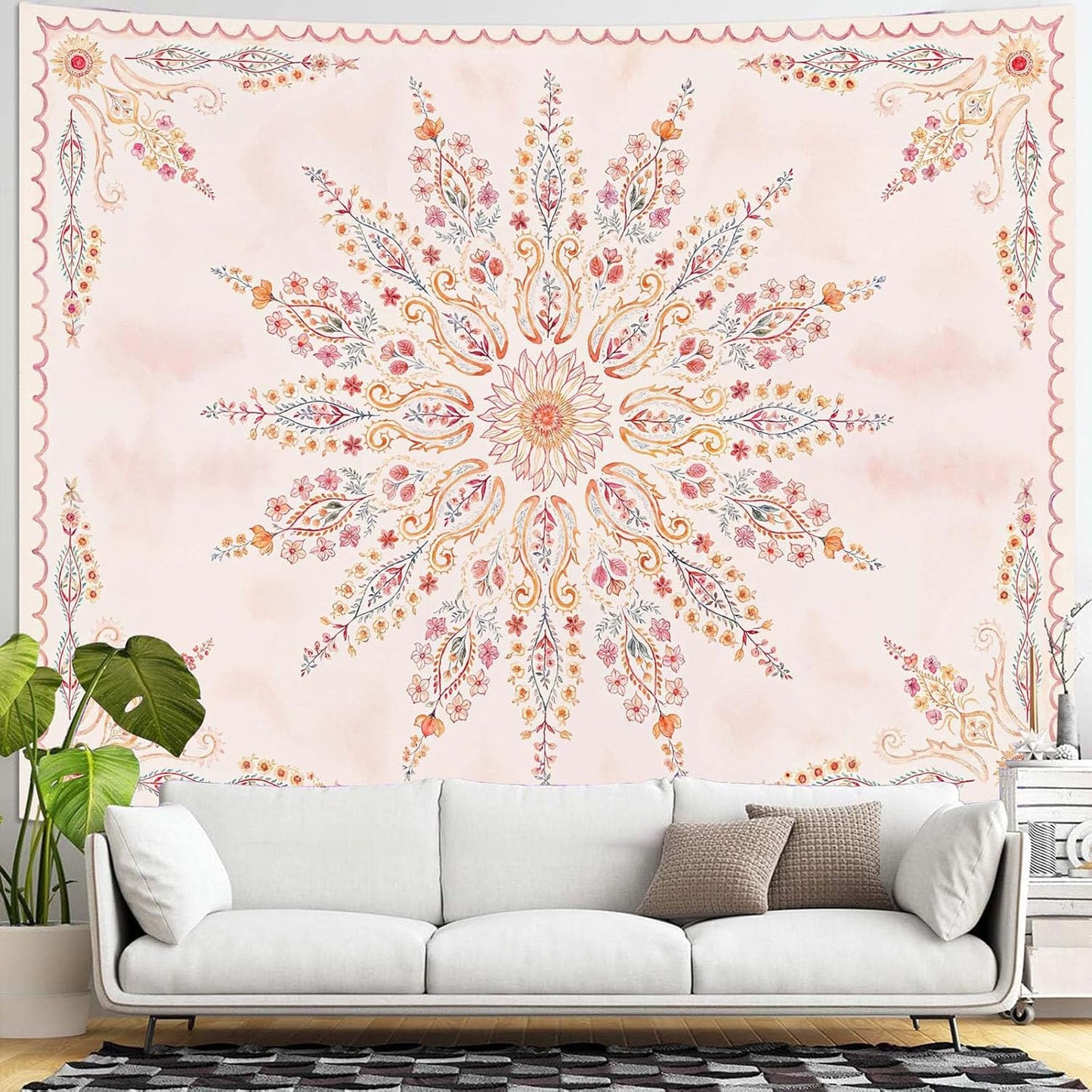 Fowocu Boho Floral Mandala Tapestry for Bedroom Aesthetic Pink Bohemian Flower Wall Tapestry Watercolor Hippie Indian Extra Large Tapestries Wall Hanging for Living Room Dorm Decor 90 x 68 Inch