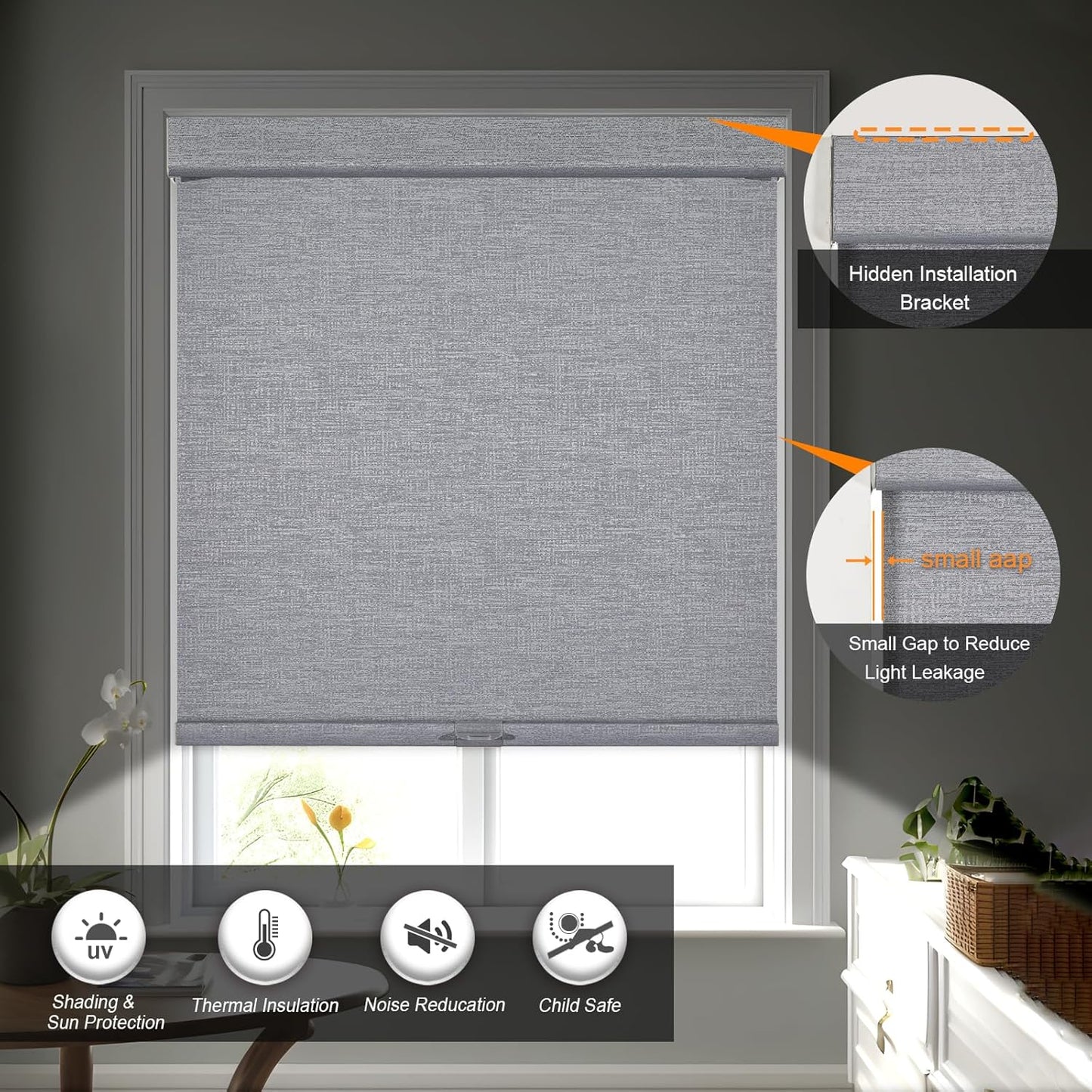 Persilux Blackout Roller Shades for Indoor Windows with Upgraded Cassette, Cordless Shades Window Blinds Pull Down for Doors, Easy to Install for Office/Living Room/Bedroom, Grey(39" W x 48" H)