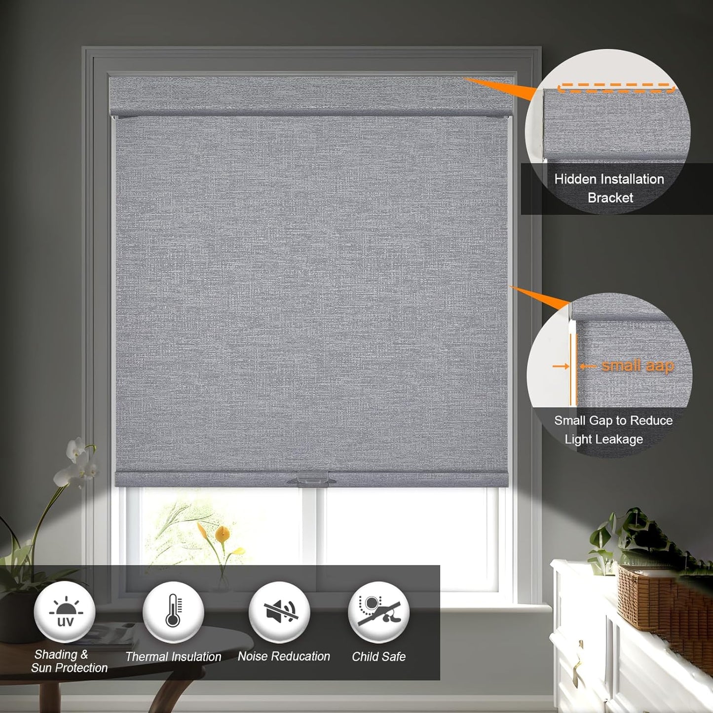 Persilux Blackout Roller Shades for Indoor Windows with Upgraded Cassette, Cordless Shades Window Blinds Pull Down for Doors, Easy to Install for Office/Living Room/Bedroom, Grey(16" W x 56" H)