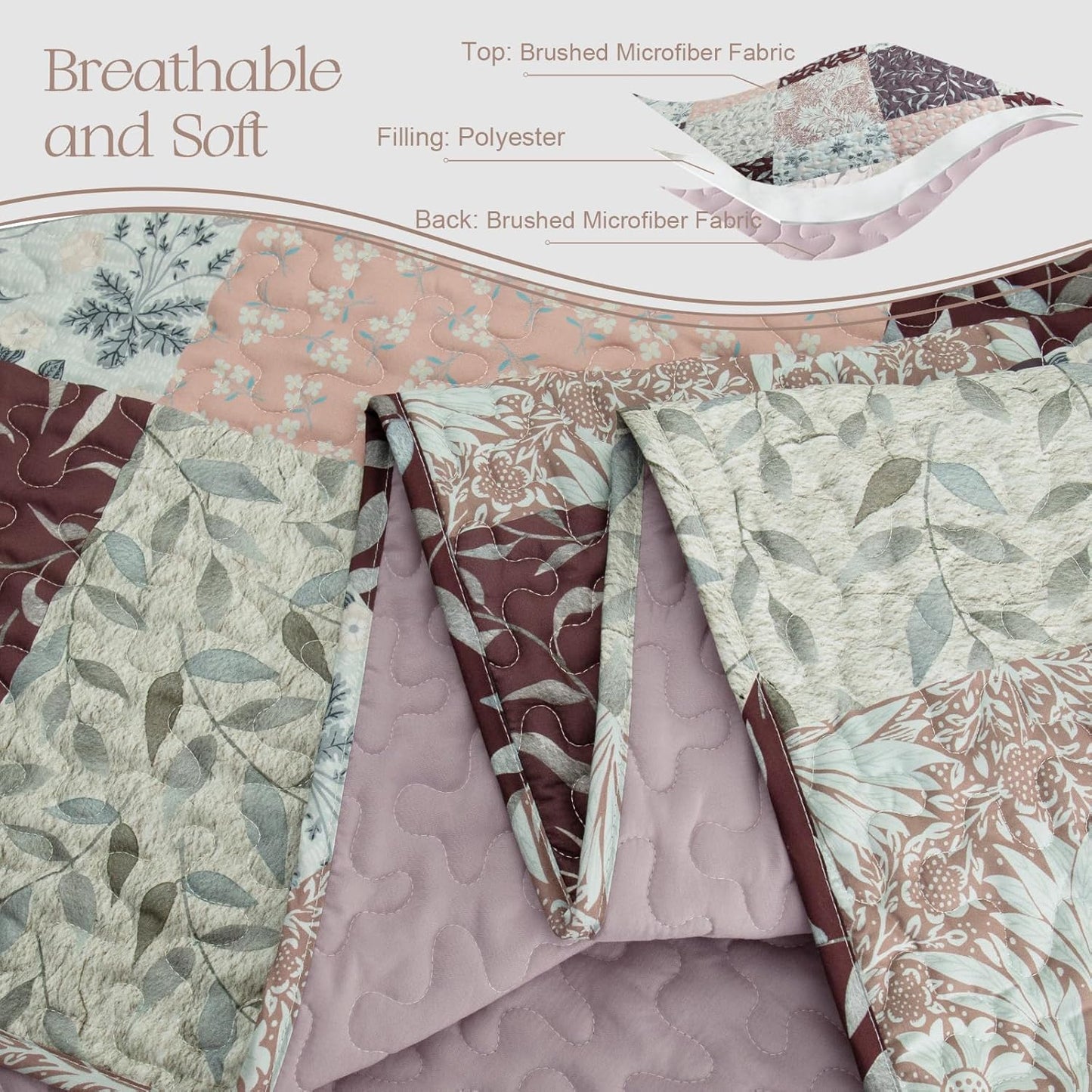 Exclusivo Mezcla Reversible Boho Quilt Set Queen Size, 3 Pieces Patchwork Brown All Season Bedspreads, Ultra Soft Floral Coverlet Bedding Set with Printed Pattern (1 Quilt, 2 Pillow Shams)