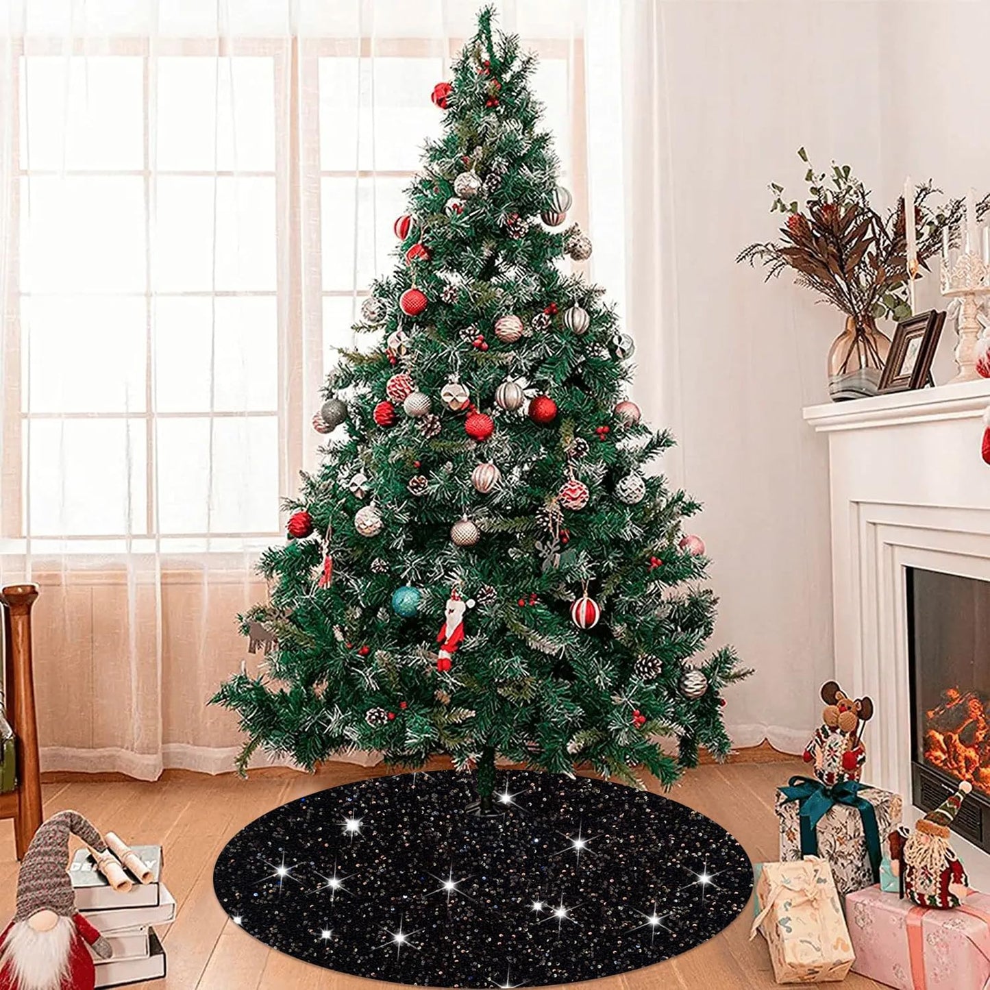 Black Tree Skirt Christmas 21 Inch Decorated Sequin Tree Skirt Velvet Xmas Tree Mat Soft Thick Tree Cover Base Sparkling Small Skirt for Artificial Trees Halloween Supply for Home Family Decorations