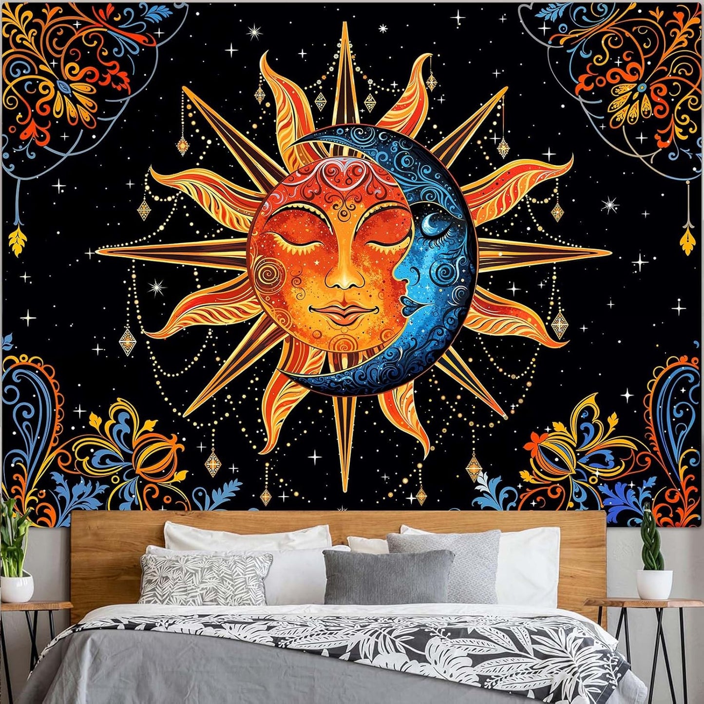 Lunerfex Sun and Moon Tapestry Mandala Wall Tapestry, Cute Tapestries for Bedroom Ceiling Tapestries Wall Hanging for Bedroom Living Room Decor Sun-1 70"x90"