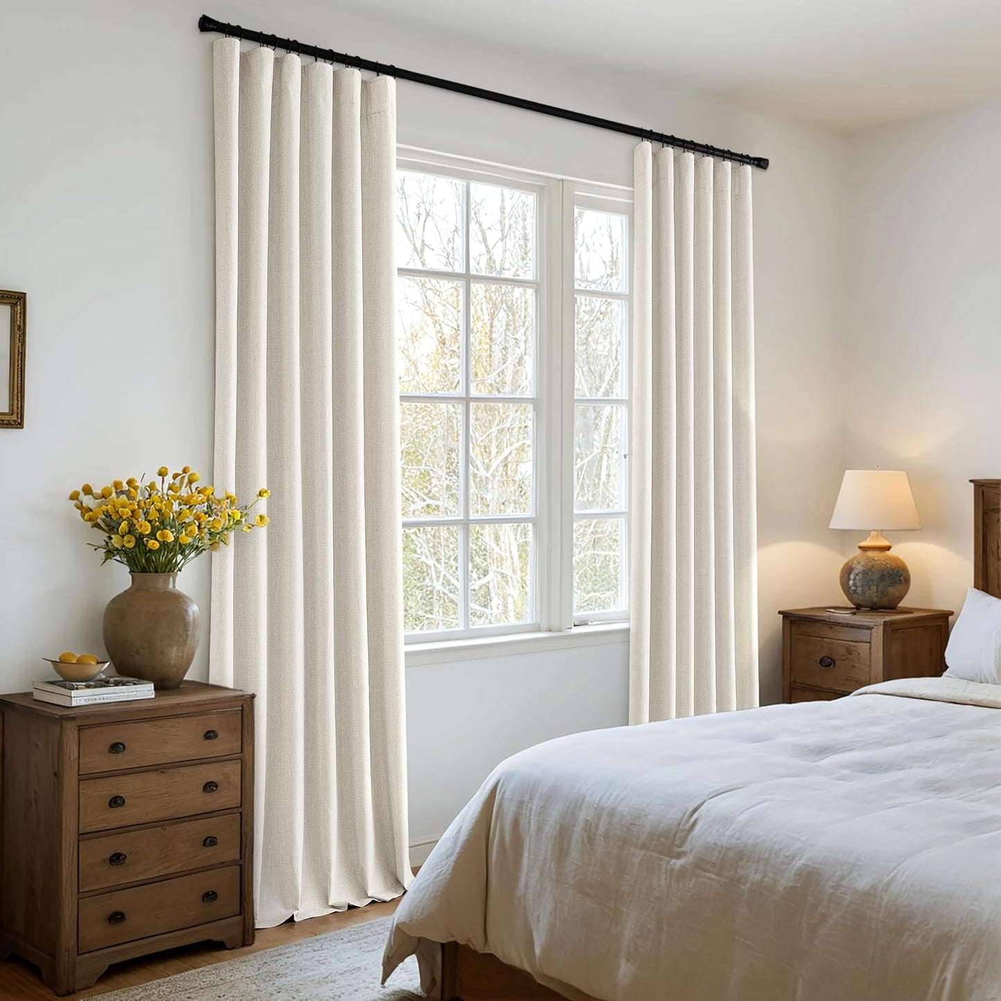 MIULEE 100% Blackout Curtains 102 Inch Long 2 Panels Set for Bedroom, Thick Luxury Faux Linen Black Out Curtain Room Darkening Back Tab Pleat Window Textured Drapes with Hooks for Living Room, Birch