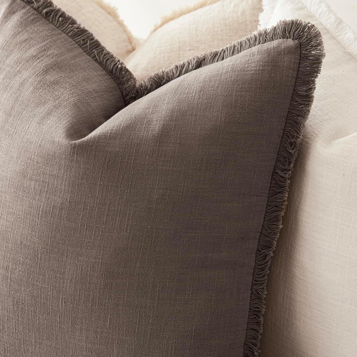 Foindtower Set of 2 Decorative Linen Fringe Throw Pillow Covers Boho Farmhouse Cushion Cover with Tassels Soft Accent Pillowcase for Couch Sofa Bed Living Room Home Decor,26×26 Inch,Light Coffee