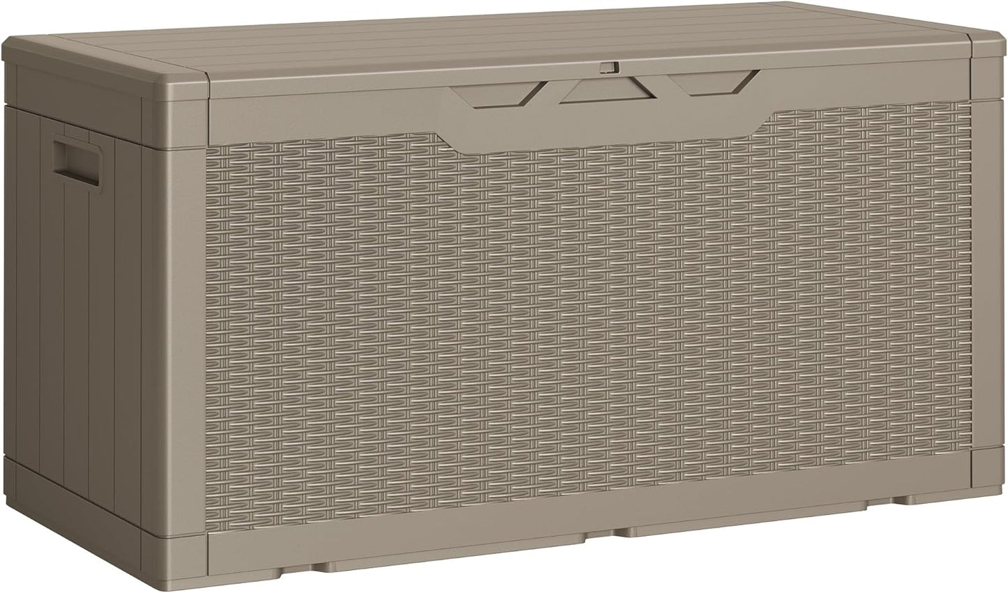 Greesum 100 Gallon Resin Deck Box Lockable Large Outdoor Storage Boxes for Garden Tools, Patio Furniture Cushions, Pool Supplies, Light Coffee
