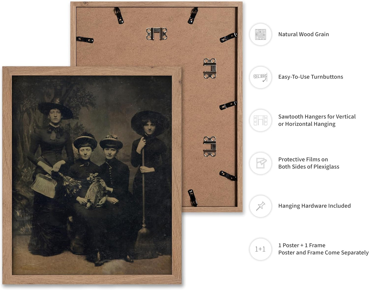 Poster Master Vintage Photograph Poster - Retro Halloween Print - Gift for Artist, Friend - Four Witches Wearing Robes, Sabbath, Coven, Sorcery - Wall Decor for Home, Office, 8x10 Beige Framed