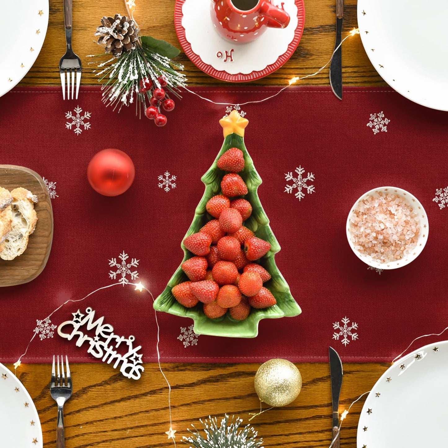 Artoid Mode Xmas Trees Snowflakes Red 210 GSM Merry Christmas Table Runner, Winter Kitchen Dining Table Decoration for Home Party Decor 13x90 Inch