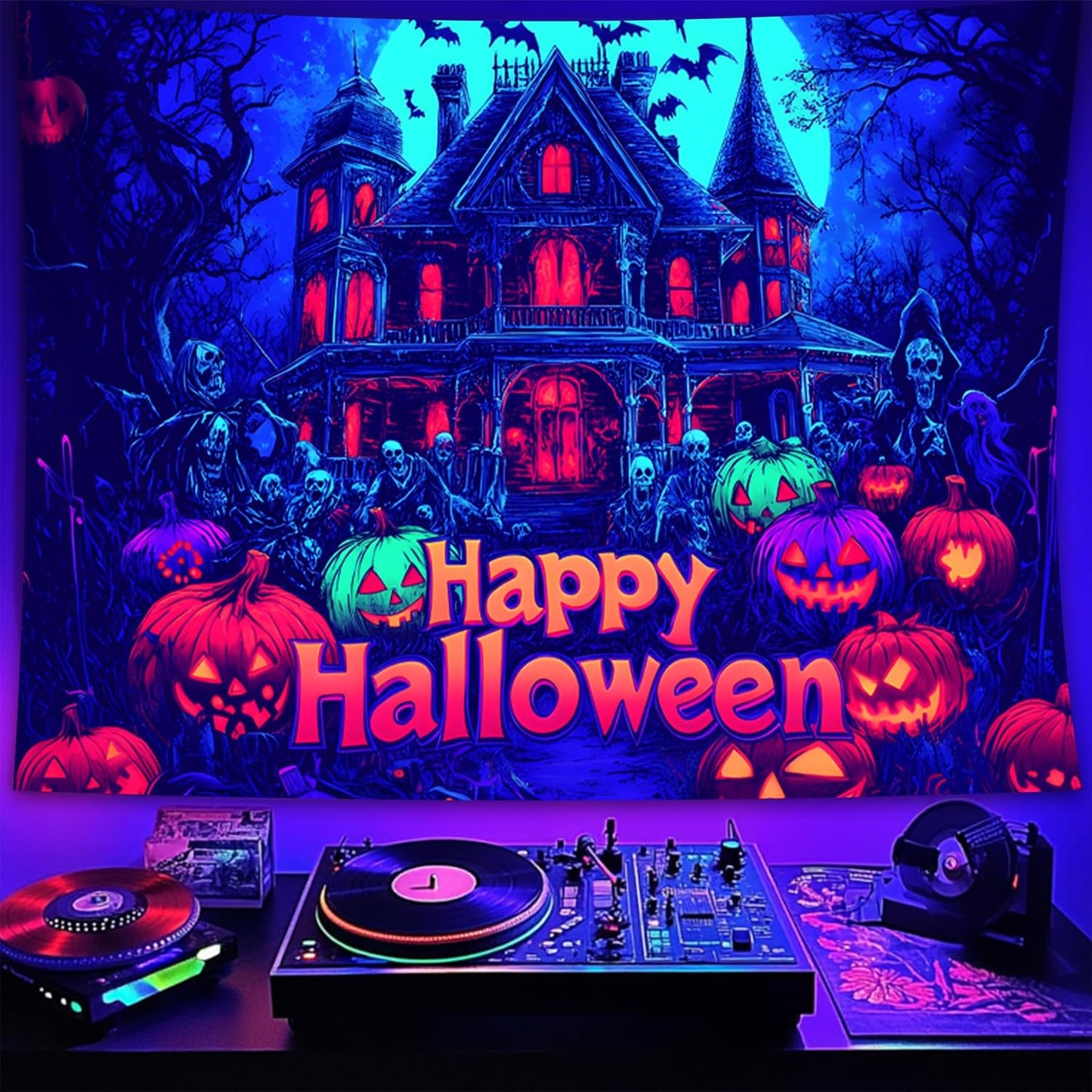 Halloween Tapestry, Blacklight Tapestry for Halloween Party Decor Hanging Tapestries Backdrop Wall Art Poster for Bedroom Dorm 90x70in