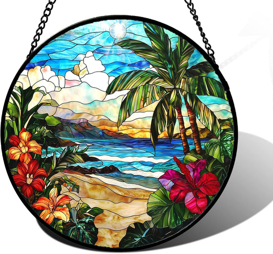 Stained Glass Window Hanging, Blue Beach Scenery Suncatcher Diamond Glass Panel Hangings Sun Catchers Decor for Birthday for Women, Men, Wife, Aunt, and Mom 11.8x11.8 in