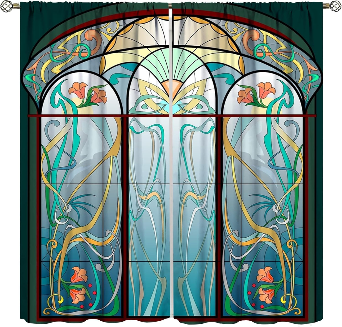 Stained Glass Curtains, Retro Mid Century Boho Abstract Art Home Decor Drapes for Bedroom Living Room Kitchen Window Treatment 2 Panels Set Total Size 42" W X 54" L Inch