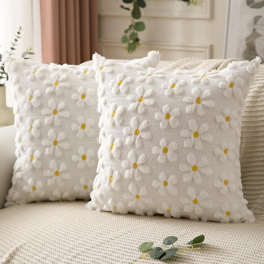 DFXSZ Spring Summer Pillow Covers 20x20 inch Set of 2 Farmhouse Decor Yellow Flower Heart Daisy Soft Plush Faux Fur Jacquard Throw Pillows for Bedroom Sofa Holiday Spring Summer Home Decor PTK024A20