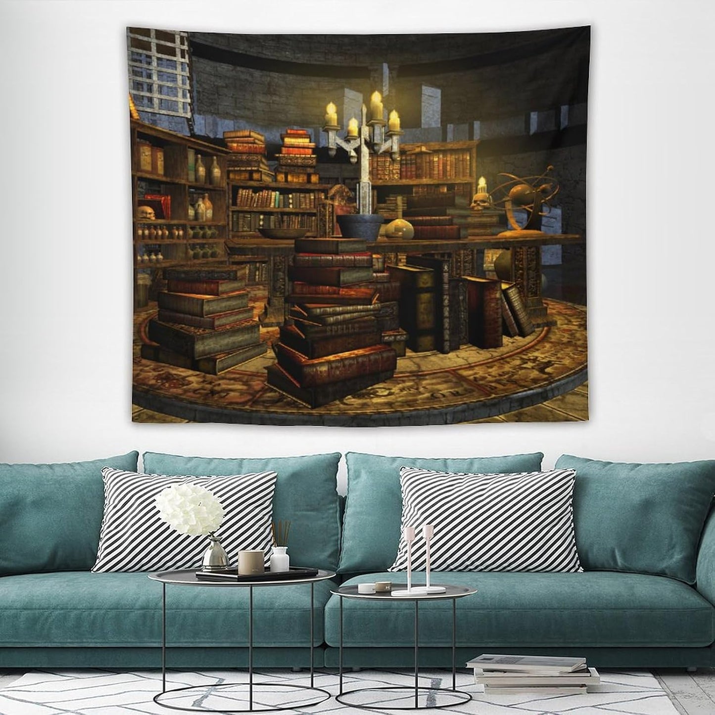 Kurtect Library Tapestry,Vintage Medieval Bookshelf Wooden Bookcase Antique Magic Art Tapestries for Party Beach Picnic Blankets Tablecloths Living Room Wall Deocr, 50x60 in