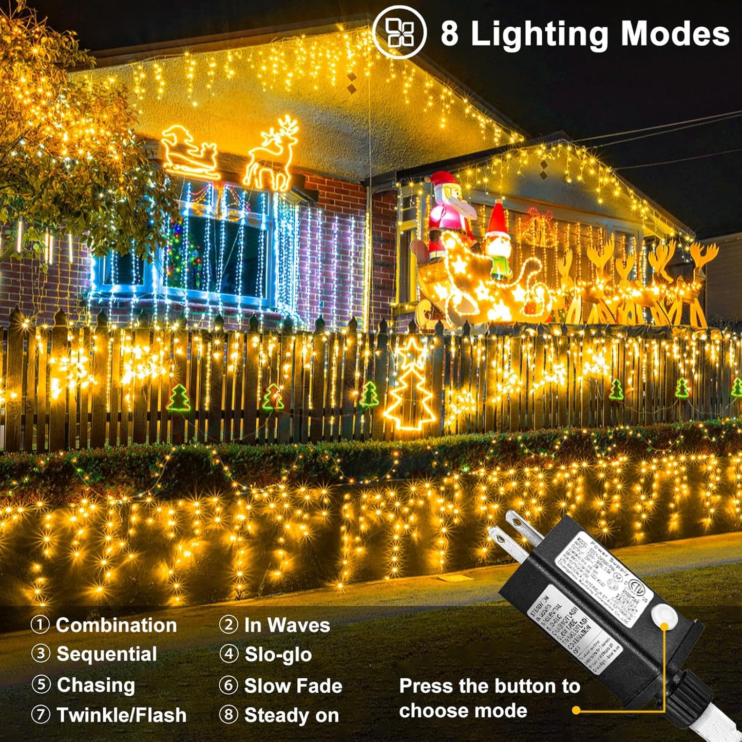 Warm White Christmas Lights Outdoor, 66ft 640 LED Icicle Lights for Outside House with Connectable Clear Wire 8 Modes Timer, Plug in Waterproof for Eaves Yard Party Indoor Holiday Decoration