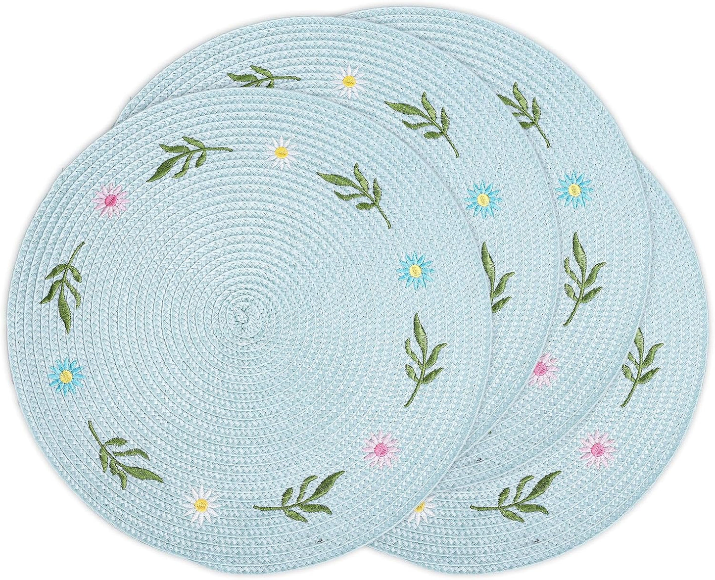 Whaline 4Pcs Round Daisy Placemats Spring Flower Embroidered Place Mats Greenery Floral Dinner Table Mats for Home Holiday Wedding Bridal Baby Shower Birthday Party Decor
