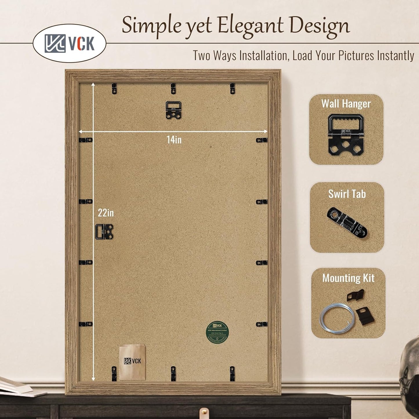 VCK 14x22 Picture Frame 3 Pack - Brown Walnut, Natural Textured Solid Wood Frame, Wall Gallery Frame