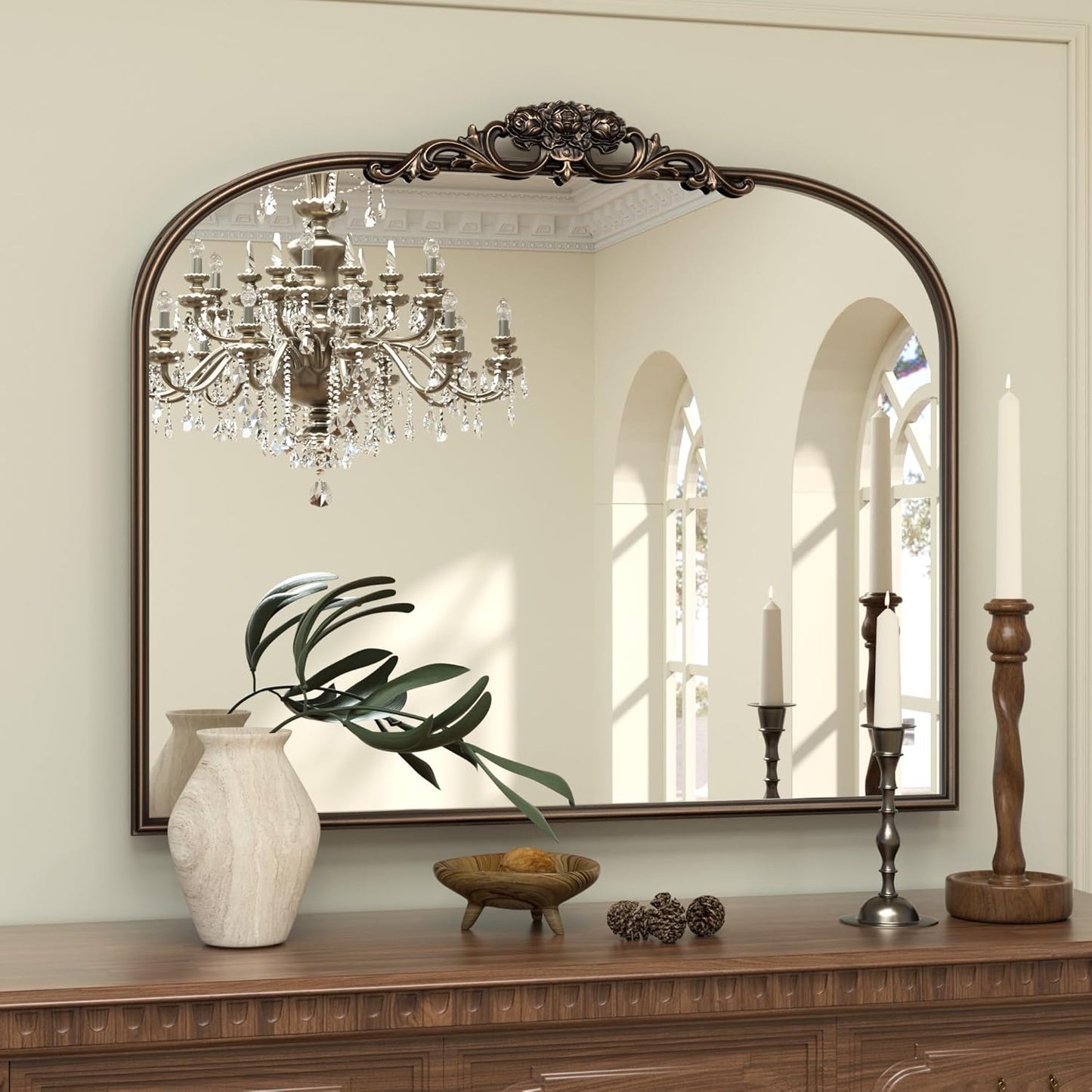 Keonjinn Vintage Mirror for Wall, 36" x 30" Bronze Antique Mirrors with Metal Frame, Baroque Style Decoration for Mantle, Bathroom, Living Room, Fireplace, Bedroom, French Cleat Mounting