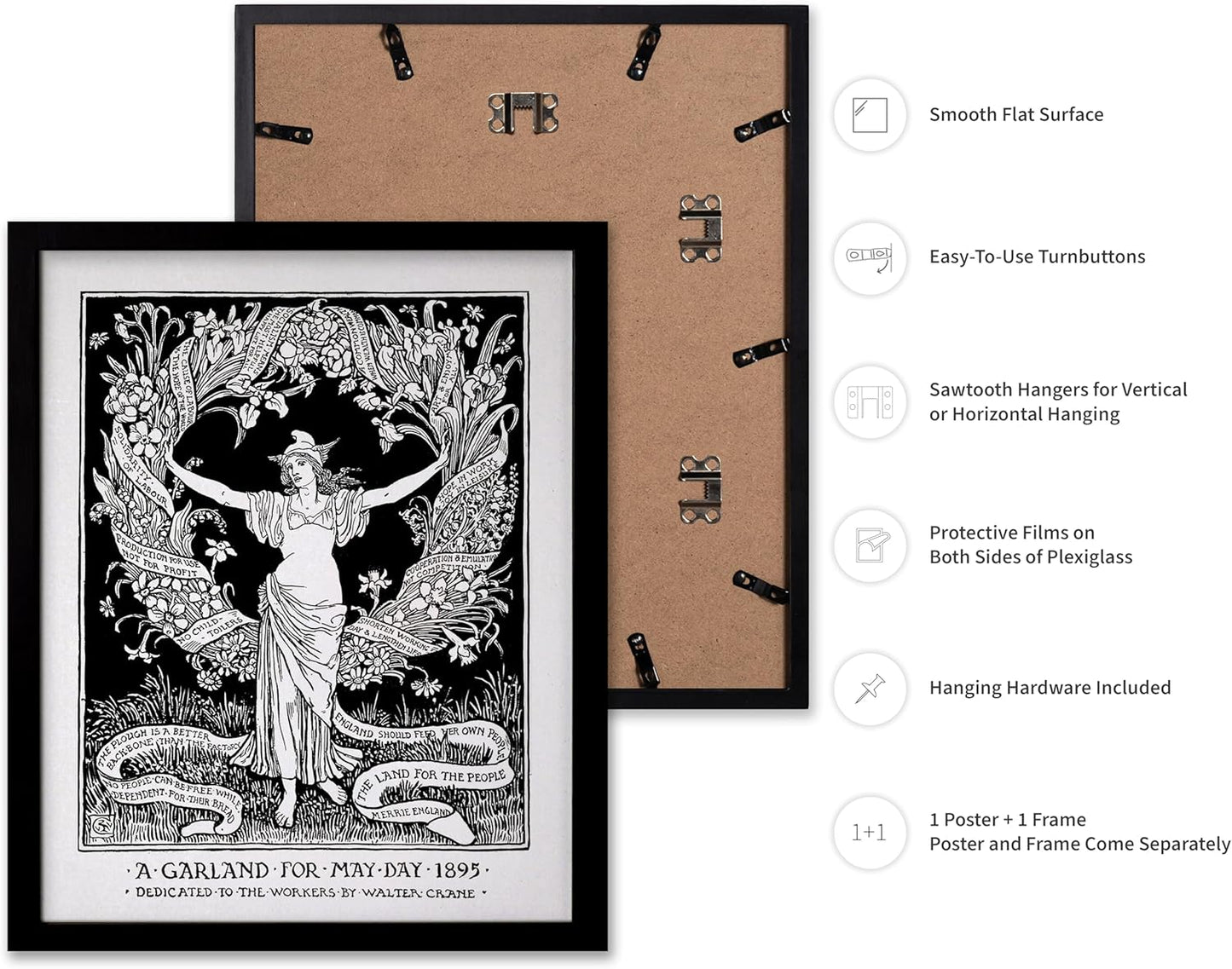 Poster Master Vintage Walter Crane Poster - Retro A Garland for May Day Print - Socialist Art - Gift for Him, Her, Men, Women - Wall Decor for Home, Office, Living Room, 8x10 Black Framed