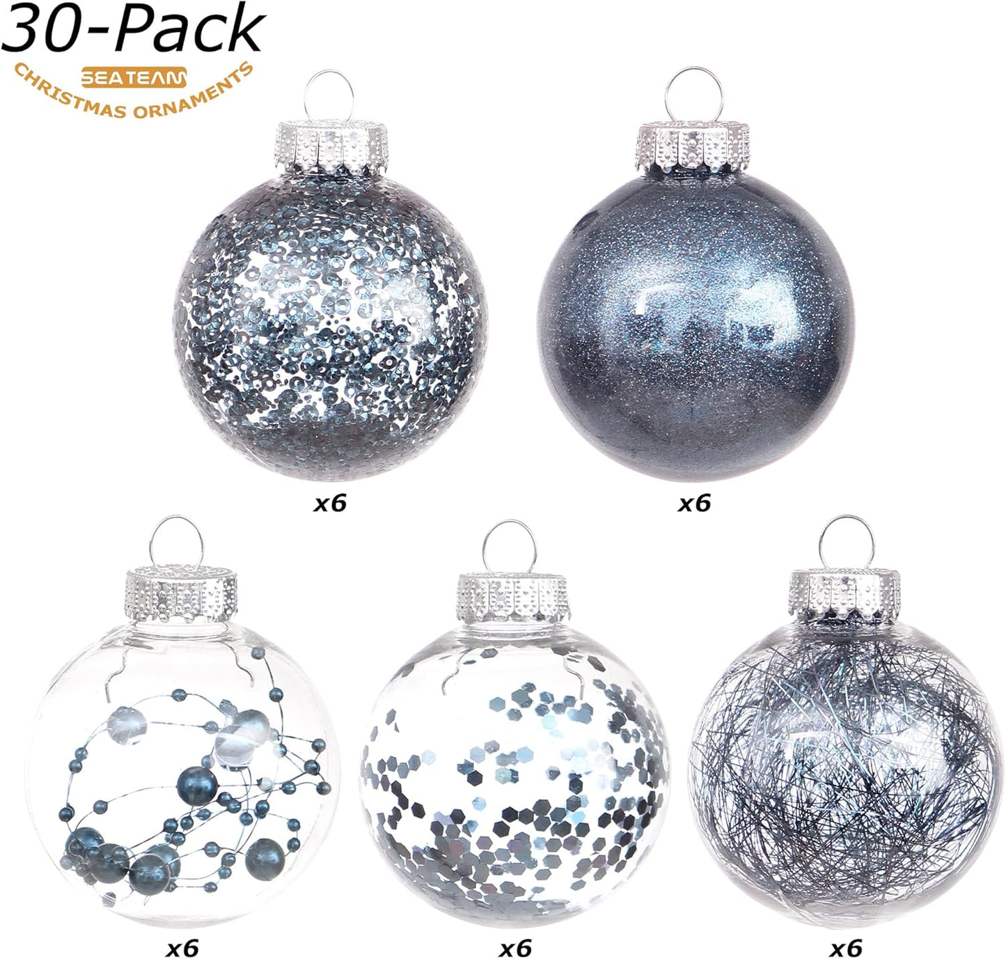 Sea Team Shatterproof Clear Plastic Christmas Ball Ornaments Decorative Xmas Balls Baubles Set with Stuffed Delicate Decorations (60mm/2.36 inch 30-Pack, Stone Blue)