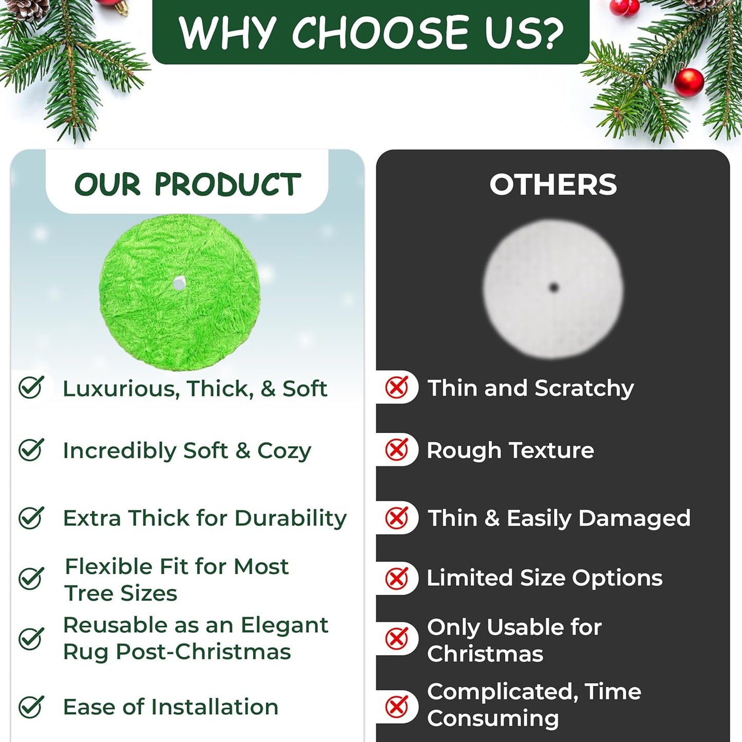 AOGU 48 Inch Faux Fur Christmas Tree Skirt Green Plush Skirt for Merry Christmas Party Christmas Tree Decoration